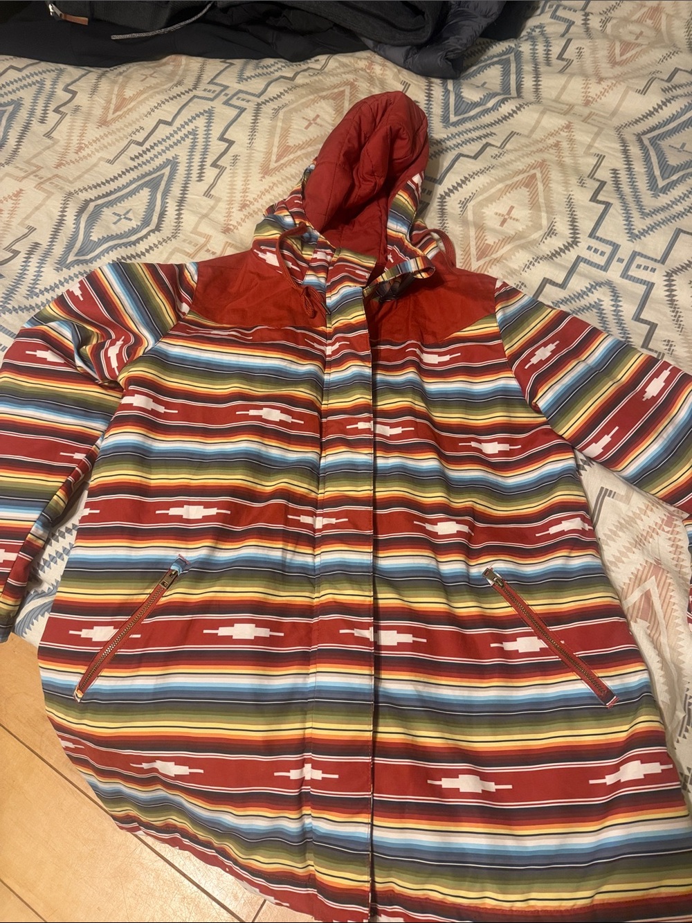 Kids Striped Hooded Winter Jacket - Red Multicolor